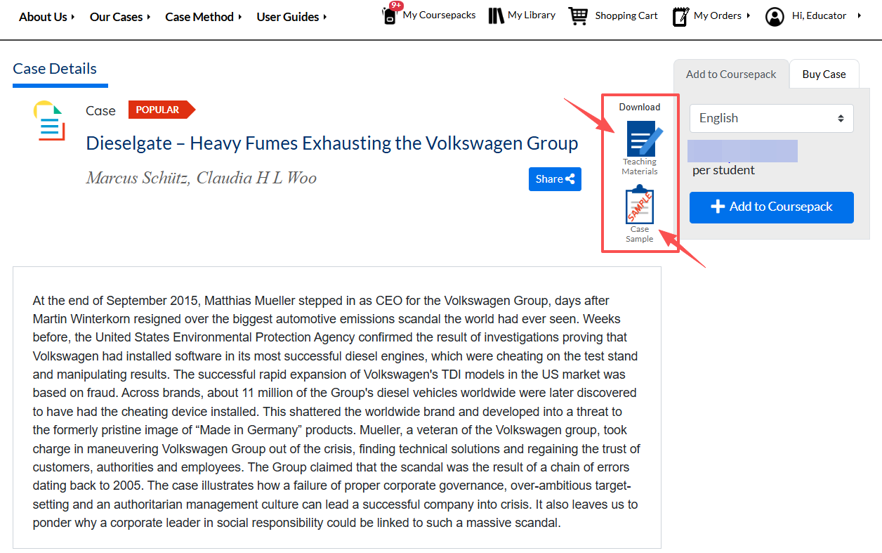 Case sample & teaching materials download button on the case detail page